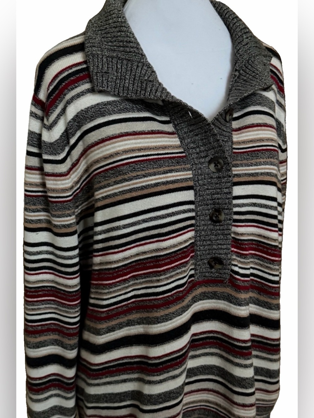 EDDIE BAUER Women’s XL Striped Collared Button Neck Knit Pullover Sweater - Picture 2 of 6